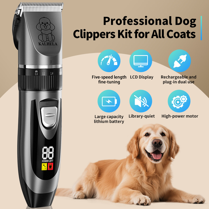 美容犬用グルーミングコームセット、LEDデジタルディスプレイ付き低騒音犬用ハサミ、充電式ワイヤレスペットバリカン、小型犬と大型犬と猫に適しています、4つのリミッター、複数のカラーオプション