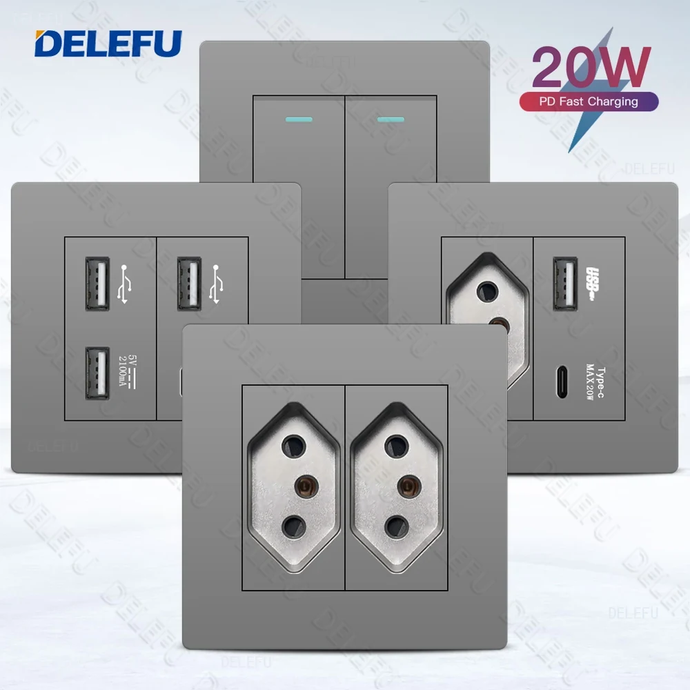 DELEFU86 タイプ PC グレー難燃性パネルブラジル標準壁ソケットスイッチ急速充電 20 ワット USB タイプ C ソケット 10A 20A