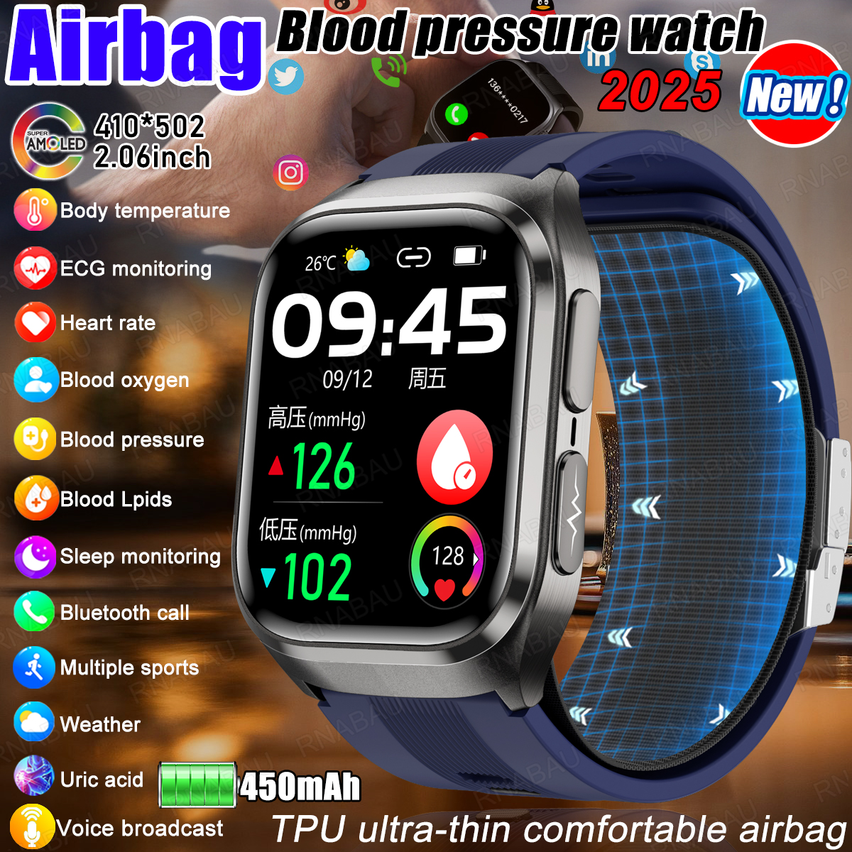 2026 エアバッグスマートウォッチ看護グレード Bluetooth コールエアポンプ ECG 真の正確な血圧尿酸血脂質腕時計メンズ