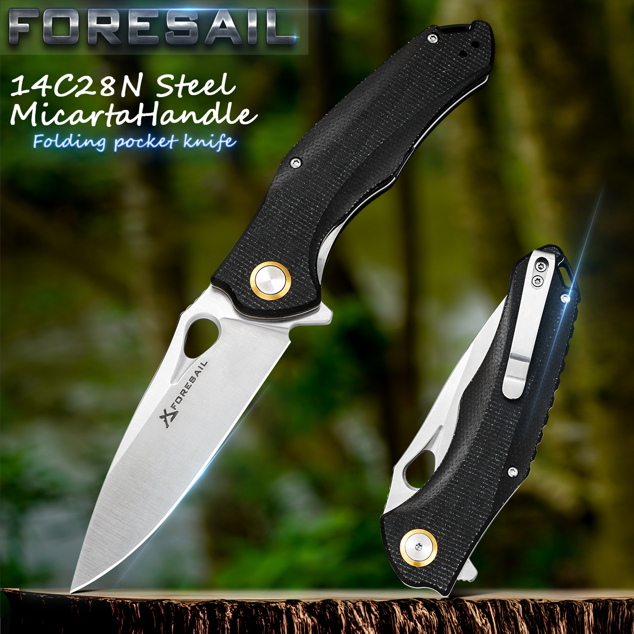 FORESAIL ポケットナイフ 14C28N 鋼刃折りたたみナイフ 4.68 インチマイカルタハンドル屋外キャンプ狩猟 EDC ポケットツール