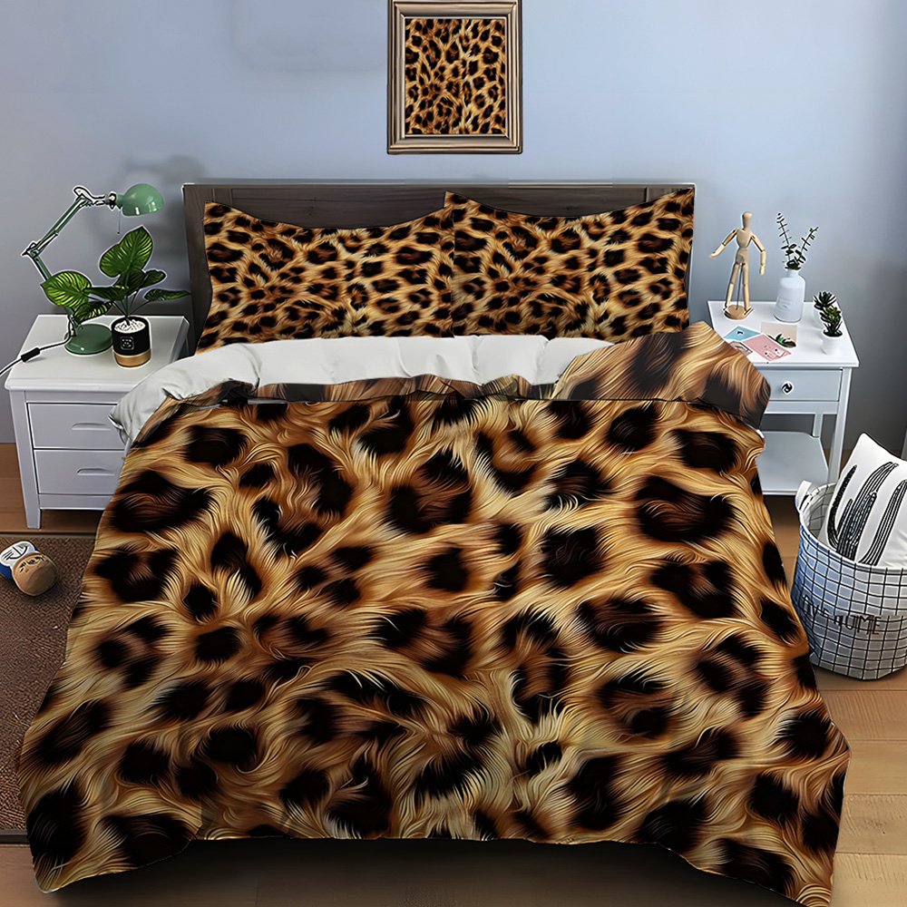 ヒョウの毛皮のテクスチャ背景寝具セット子供のための高級ギフト 3 個デジタルプリント掛け布団セットソフトで快適な通気性