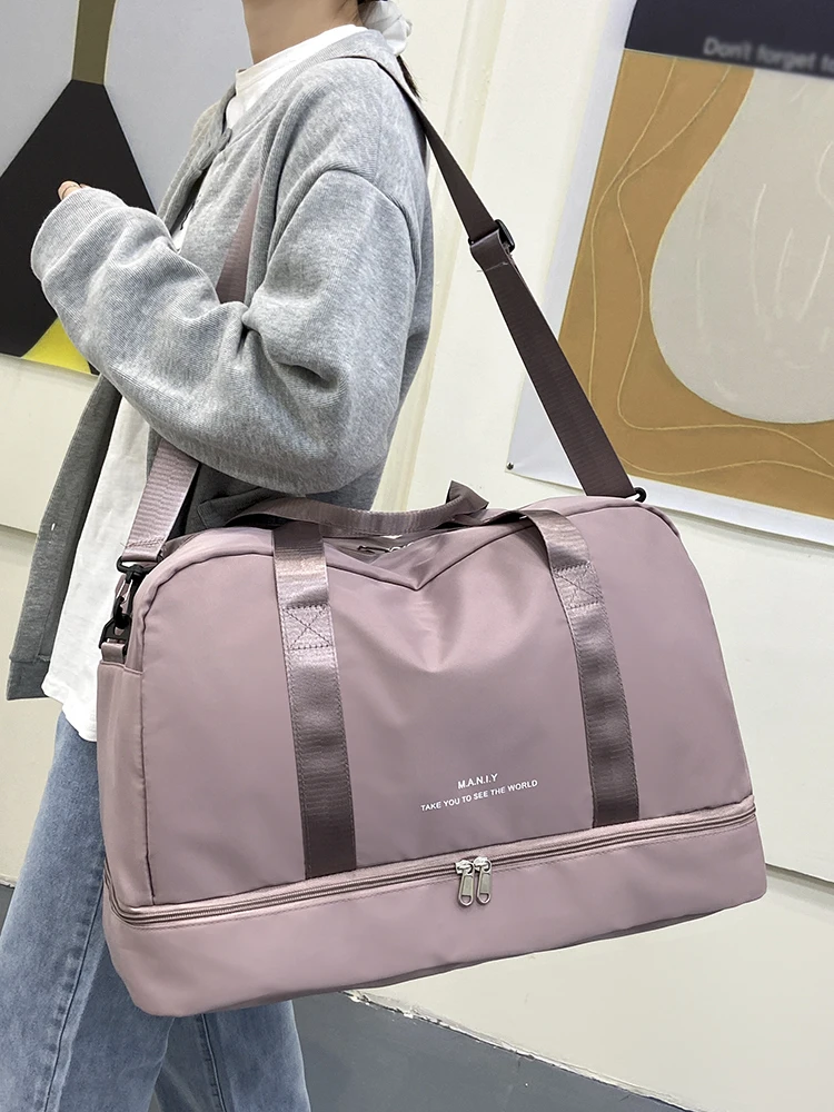 拡張可能なトラベルダッフルバッグ、女性用、スポーツハンドバッグ、フィットネスバッグ、大容量、ワンショルダー週末一泊バッグ