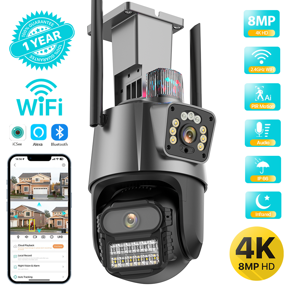 屋外 Wifi PTZ カメラ 4K 8MP HD デュアルレンズデュアルスクリーンカメラ AI 自動追跡 4MP ビデオ監視警察ライト警報 iCSee