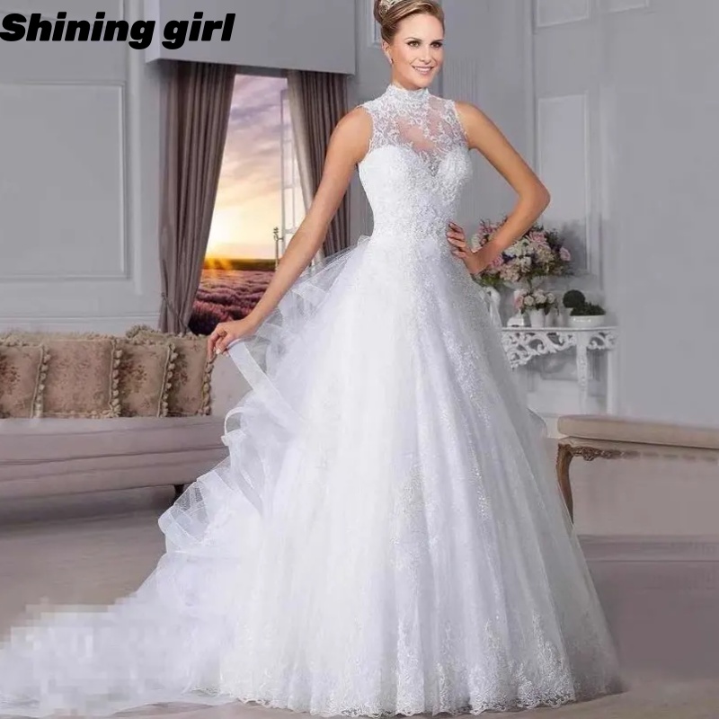 シアーネックイリュージョン Vestidos デノビア 2025 レースアップリケ長袖マーメイドウェディングドレスブラジルカスタマイズされたウェディングドレス