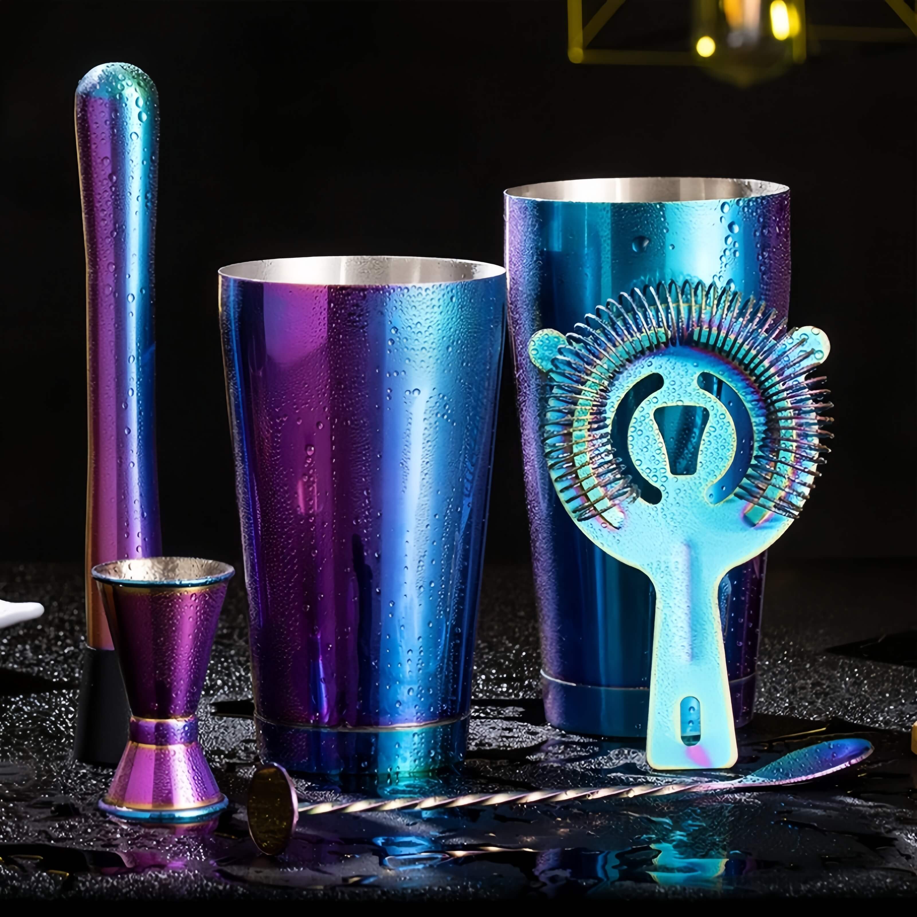 電気メッキカラフルなシェーカーカップステンレス鋼シェーカーセット、ボストンカクテルシェーカーツールワインアクセサリーアブサンスプーン