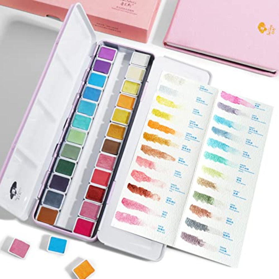 水彩絵の具 アーティストグレード 24 色、メタリックグリッター水彩絵の具セット パレットと水彩ジャーナル付きソリッドケーキ