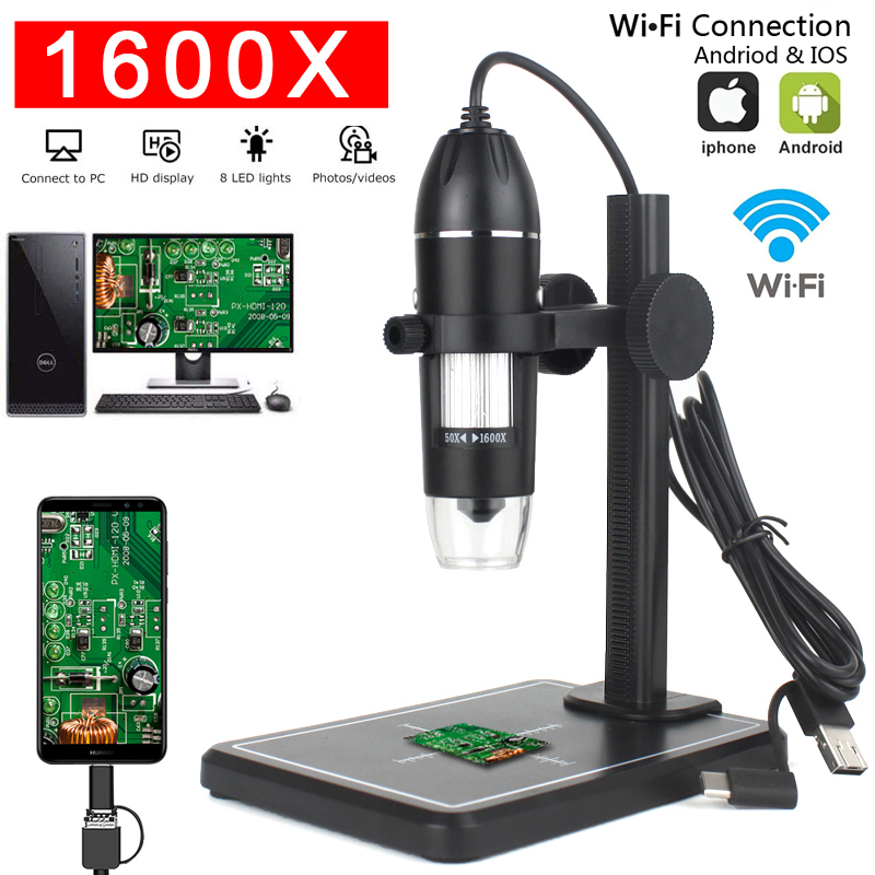 1600X 1000X デジタル顕微鏡カメラ 8LED 業界拡大鏡 USB WiFi 内視鏡スマートフォン PCB 検査ツール