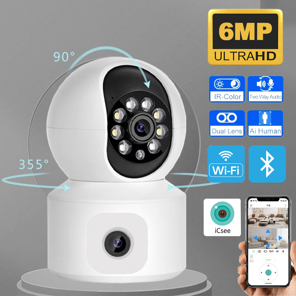 6MP iCsee WiFi IP カメラデュアルレンズデュアルスクリーン PTZ 自動追跡ホームセキュリティカメラベビーモニター CCTV ビデオ監視カム