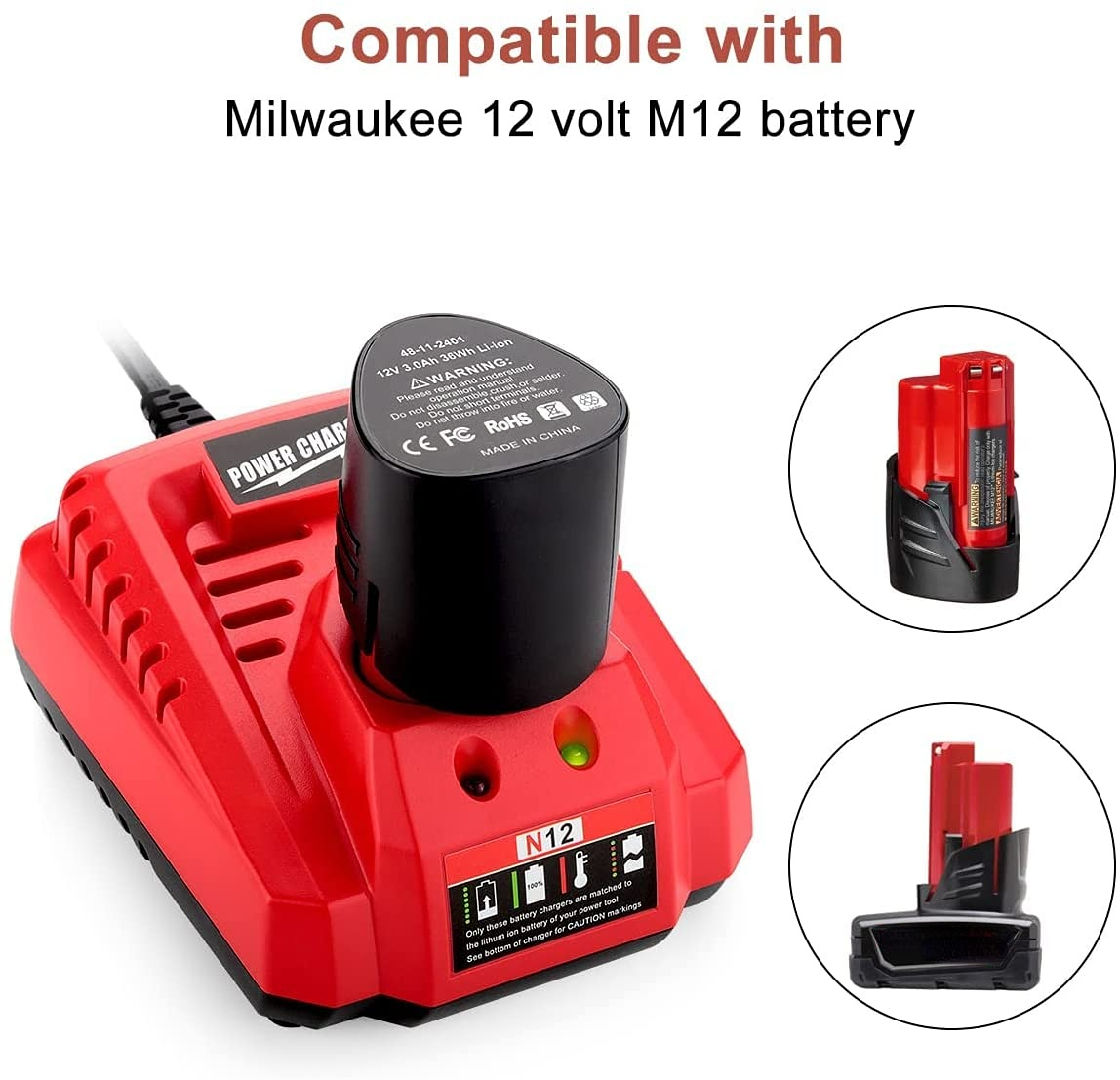 10.8V 12V リチウムイオン交換バッテリー充電器ミルウォーキー M12 N12 48-59-2401 48-11-2402 リチウムイオンバッテリー (充電器のみ)