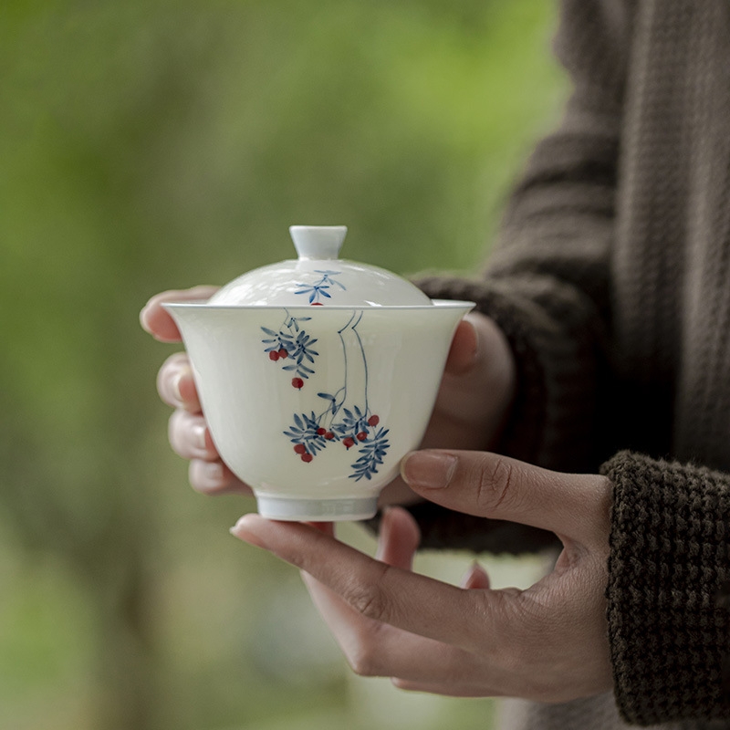 手描きの桜翡翠磁器ガイワンセット茶中国チュリーンティーボウルカンフー茶茶わんティーカップリリー・デンの店