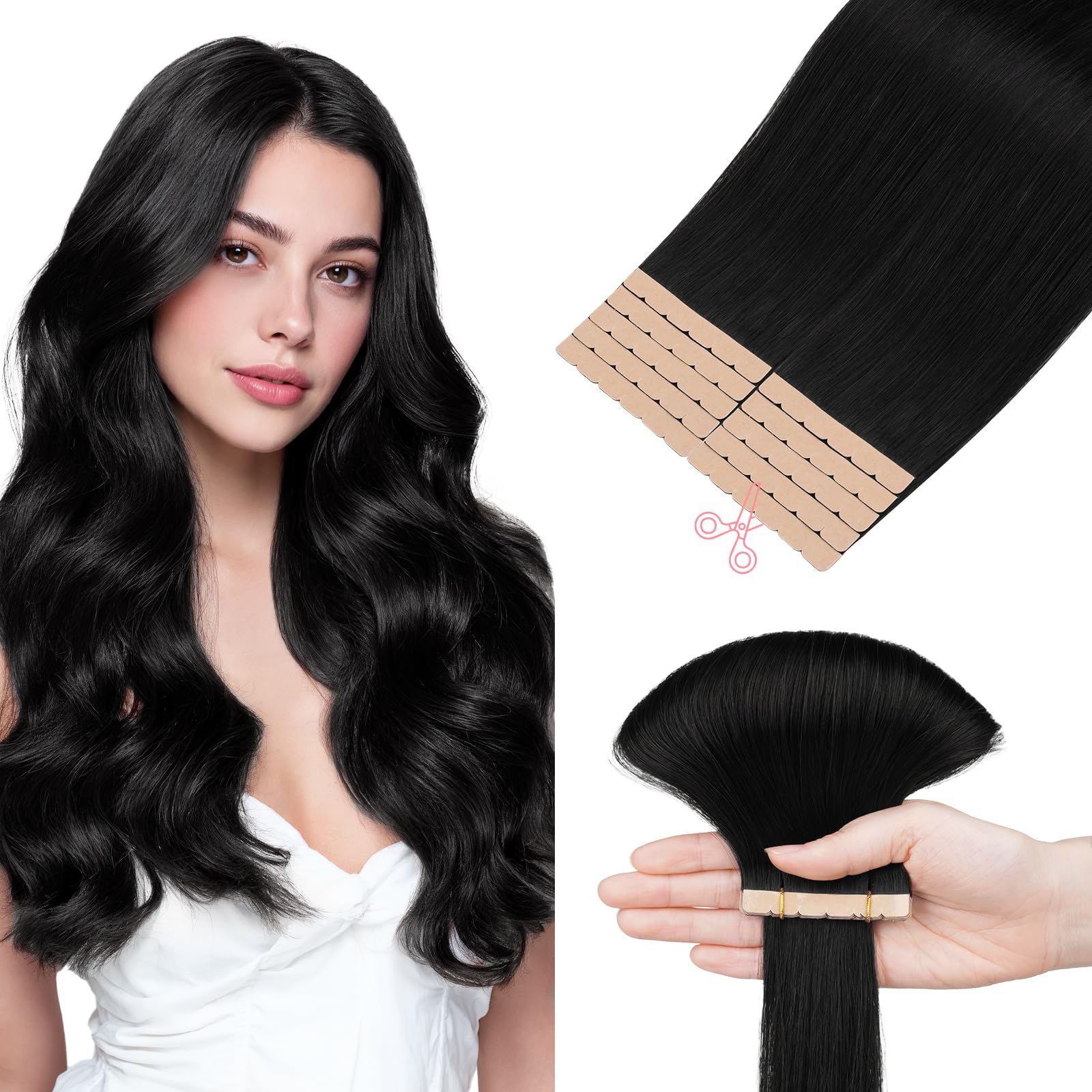 テープインヘアエクステンション人毛 1B ナチュラルブラックミニテープ皮膚にフィットするようにカット横糸シームレスな目に見えないレミー人毛