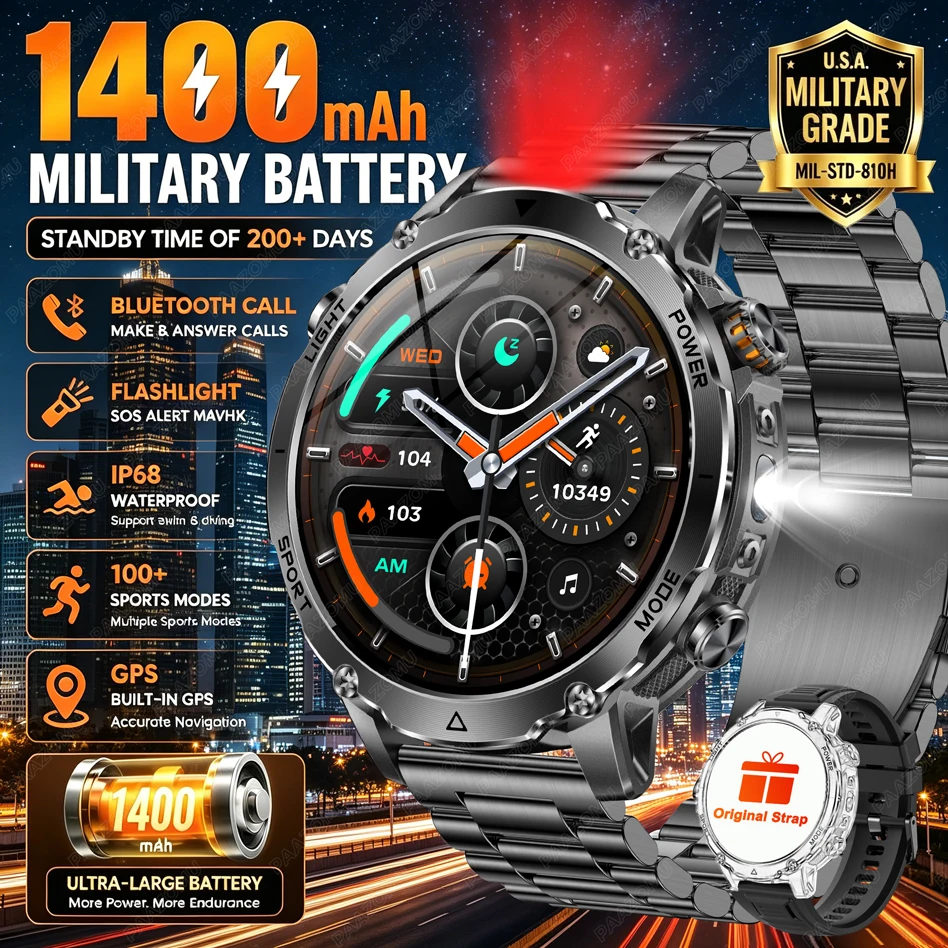 ブランド 1400mAh ビッグバッテリースマートウォッチメンズ 1.7 "AMOLED 200 日間スタンバイ水泳ダイビング防水 GPS 軍事戦術 SOS 100 スポーツ