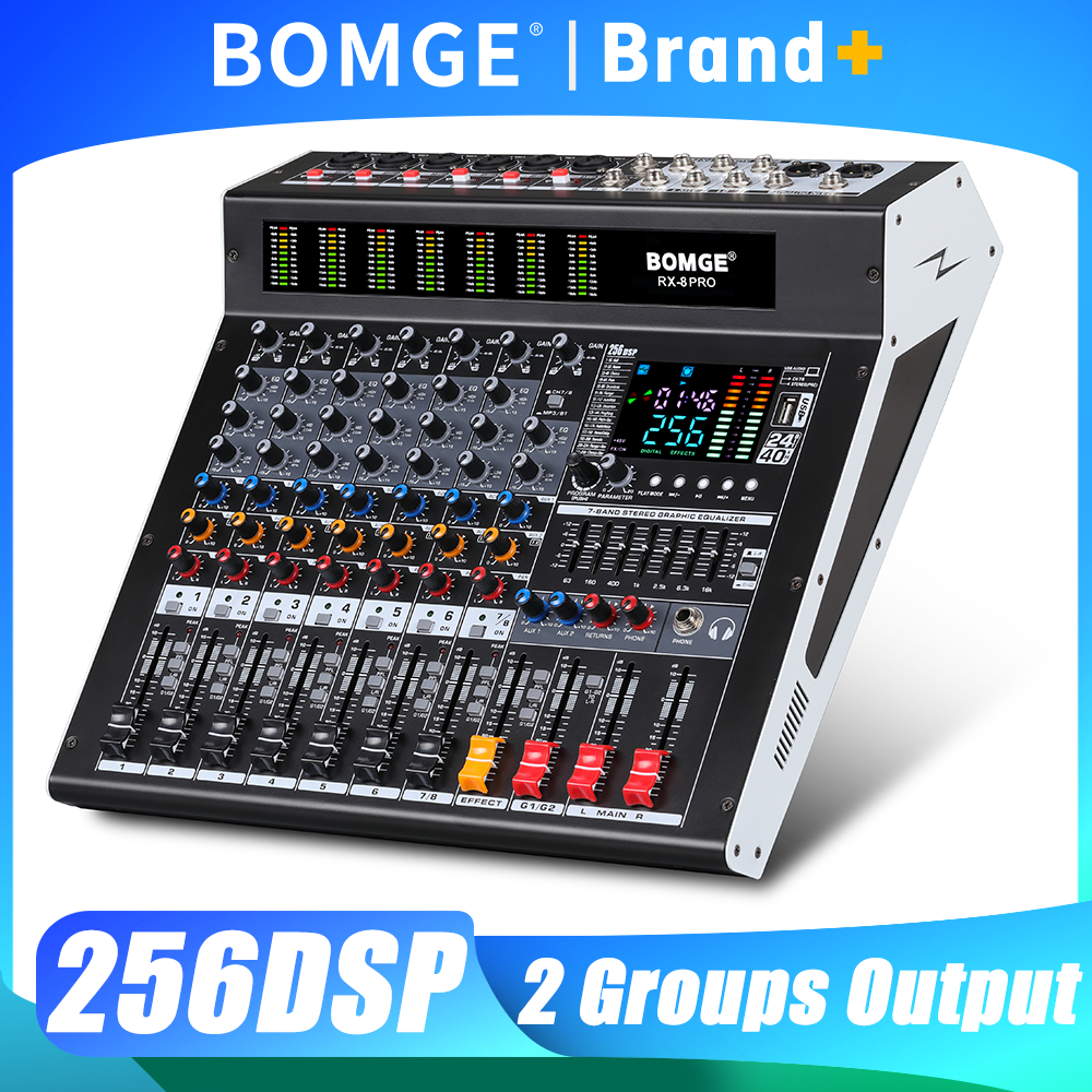 BOMEGE 8 チャンネル職業オーディオミキサー DJ コンソール 256 DSP エフェクト USB MP3 Bluetooth ステージパフォーマンス教会用