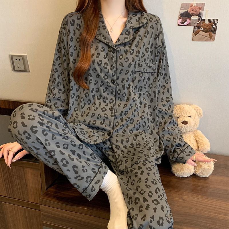 韓国風グレーヒョウ柄パジャマ女性春新着ミニマリストコットンライク長袖カーディガン部屋着セット