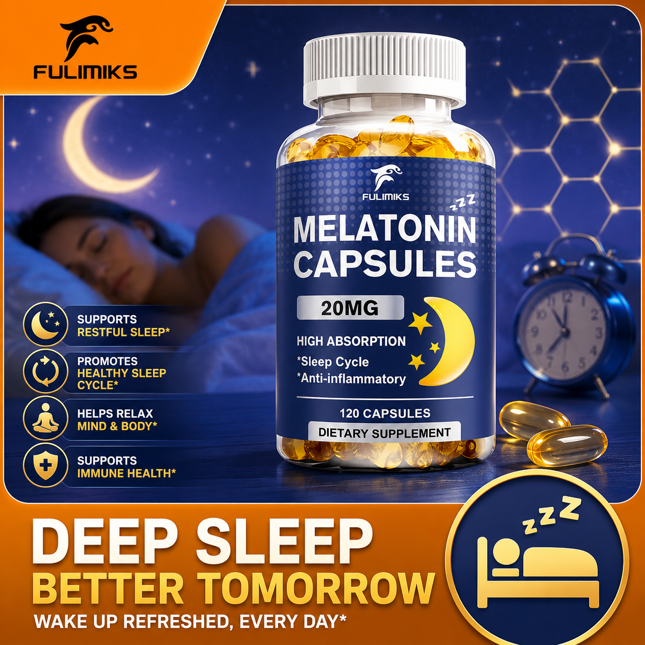 高吸収メラトニン 20MG サプリメント、自然な睡眠をサポート、ストレス、老化を軽減
