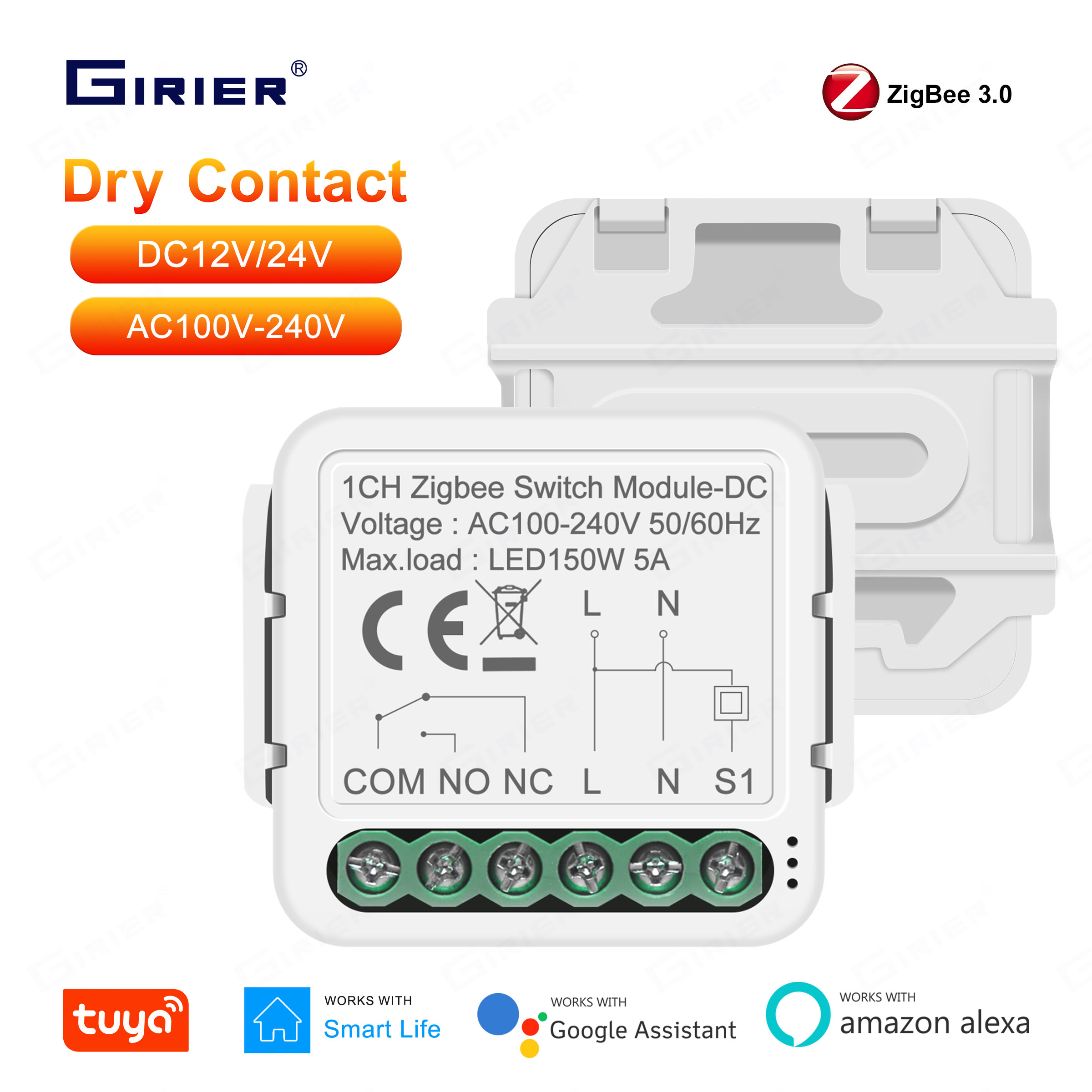 GIRIER スマート ZigBee スイッチモジュール ドライ接点 5A ユニバーサル ブレーカー リレー DC 12/24V AC 100-240V Alexa Hey Google と互換性あり