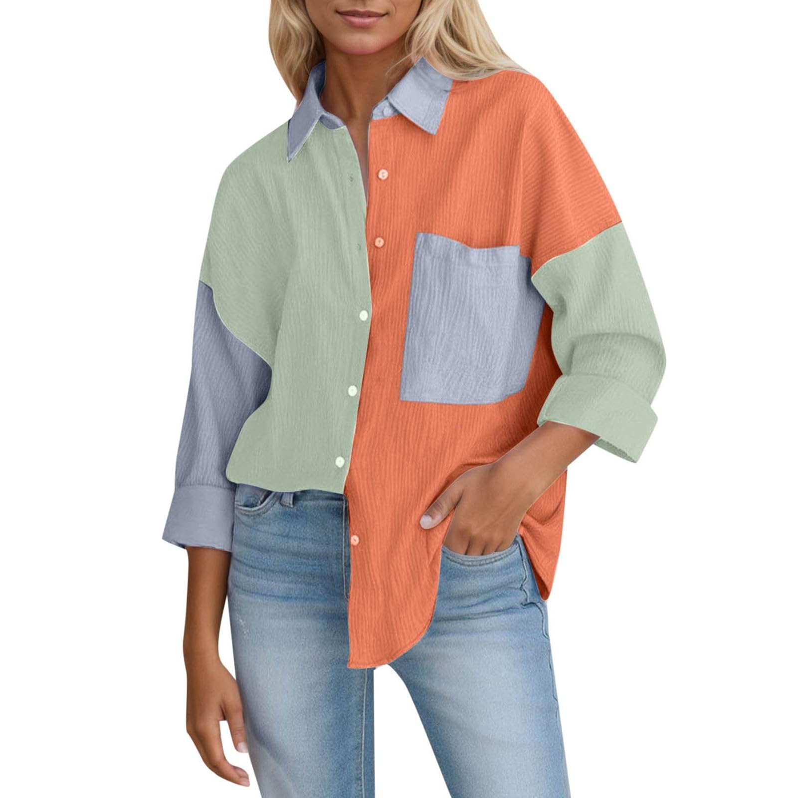 Women'S Long Sleeve Button Down Shirt Blouse For Women Elegant Tunics Summer Tops Color Patchwork Casual Lapel Shirts рубашка