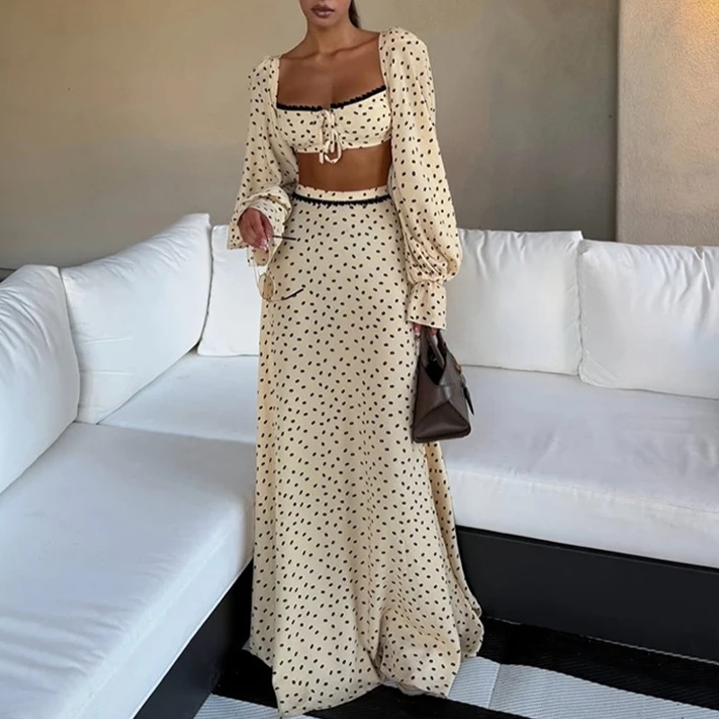 Sexy Polka Dot Tank Dress Women's Set Beach Long Lantern Sleeve Top A-line Flared Skirt Set 2026 Spring Summer Commuter
