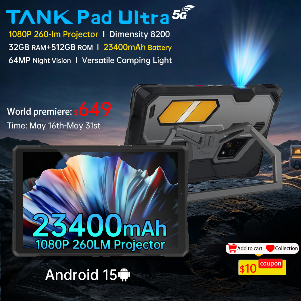 Unihertz 8849 タンクパッド ウルトラグローバル 1st 頑丈なタブレット、260 ルーメン 1080P プロジェクター、ナイトビジョン大型バッテリー付き