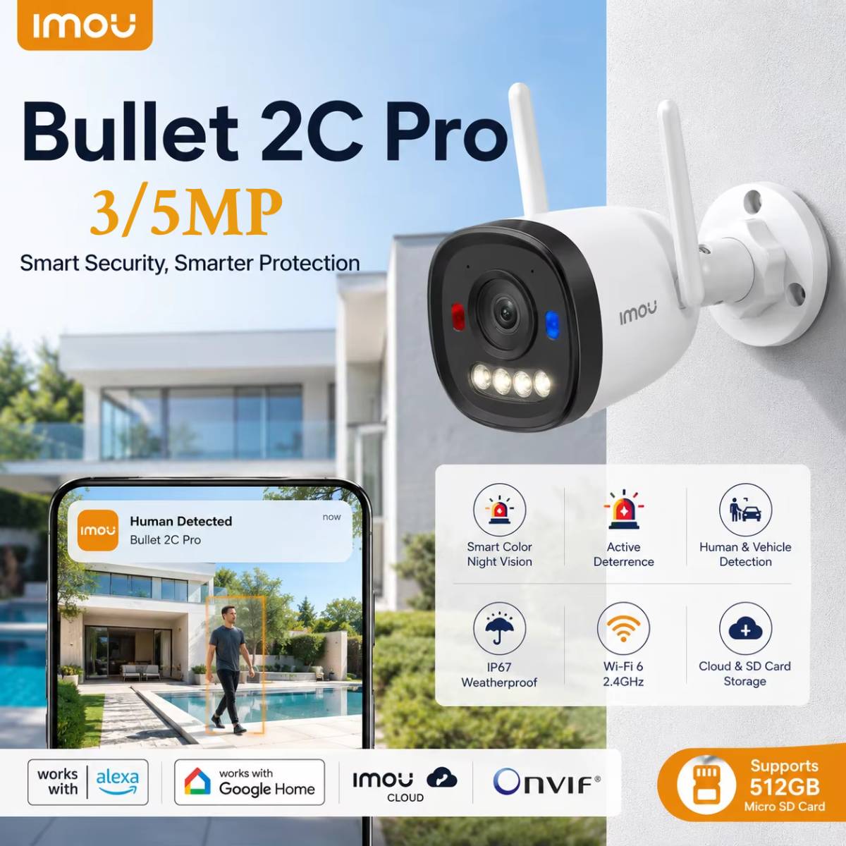 IMOU Bullet 2C Pro 3MP/5MP 2K/3K WiFi 6 屋外 AOR モードセキュリティカメラ人間車両検出ナイトビジョン IP67 IP カメラ