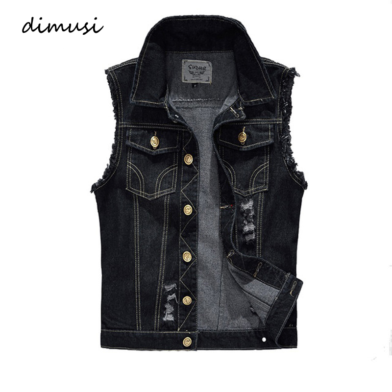DIMUSI 春の新作秋ヴィンテージデザインメンズデニムベスト男性黒ノースリーブジャケット男性穴ジーンズブランドチョッキ 6XL 、 YA566