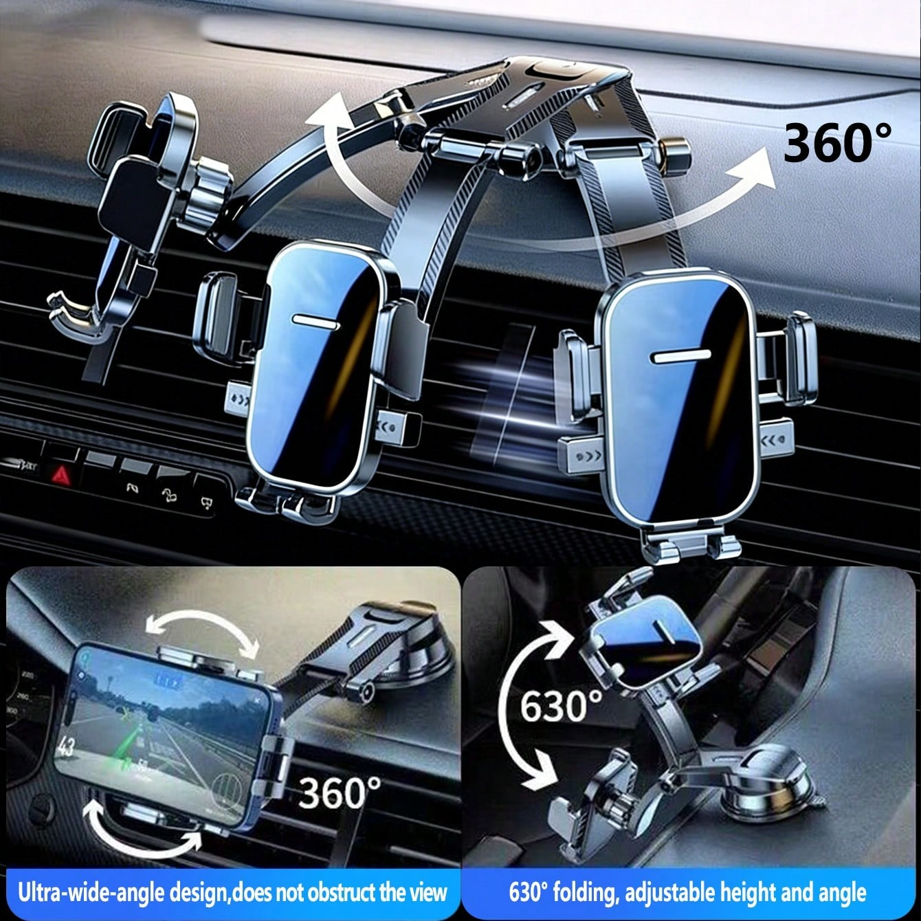 自動車電話ホルダー |自動吸盤 | 360°回転調整 |フロントガラスに最適 |安定したナビゲーションホルダー |トラック、セダン、自動車電話マウント、スマートフォンホルダー、自動アクセスにユニバーサル