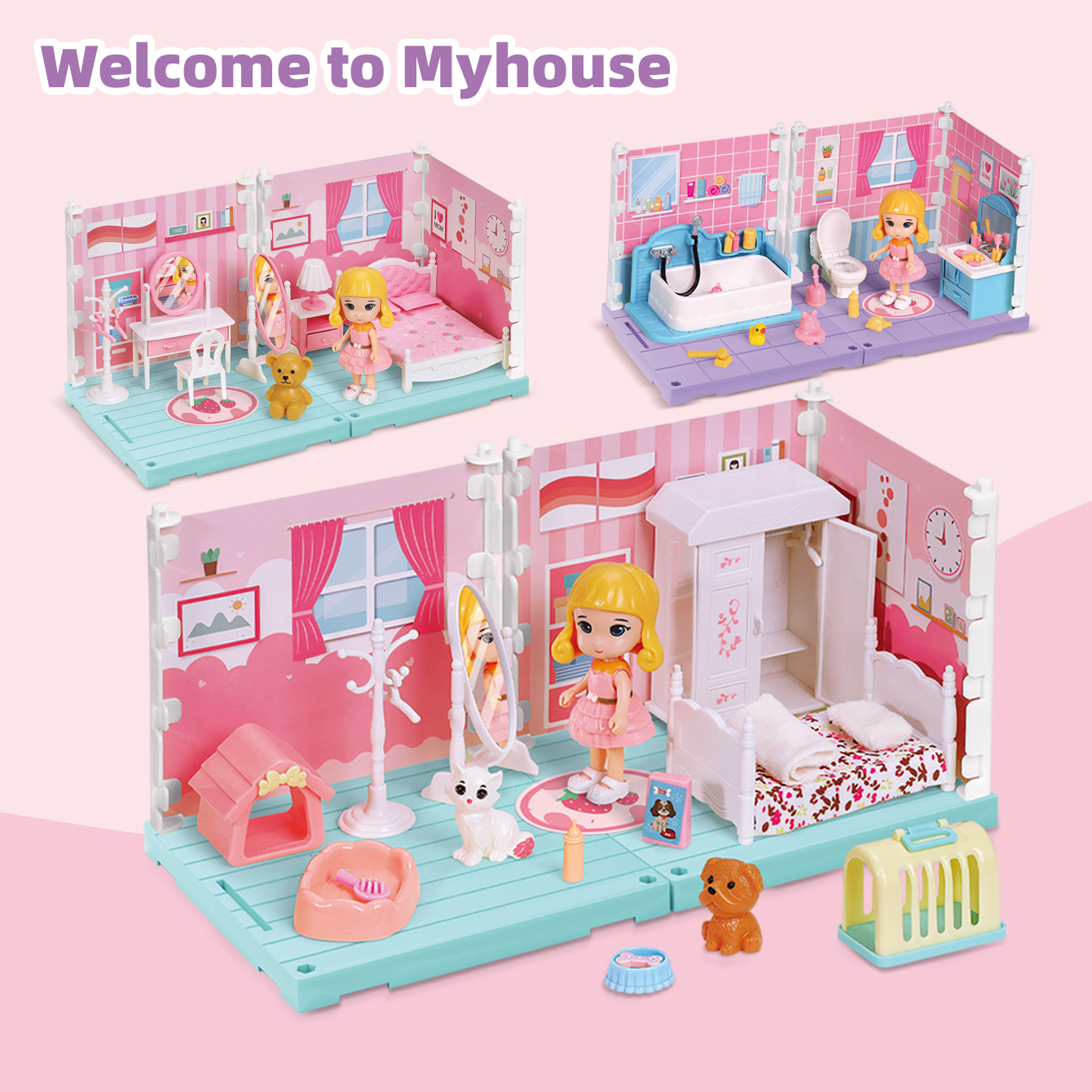 子供用ミニモデルの寝室とバスルームの家具セット - ごっこ遊び用のロールプレイングおもちゃ、休日のギフトに最適
