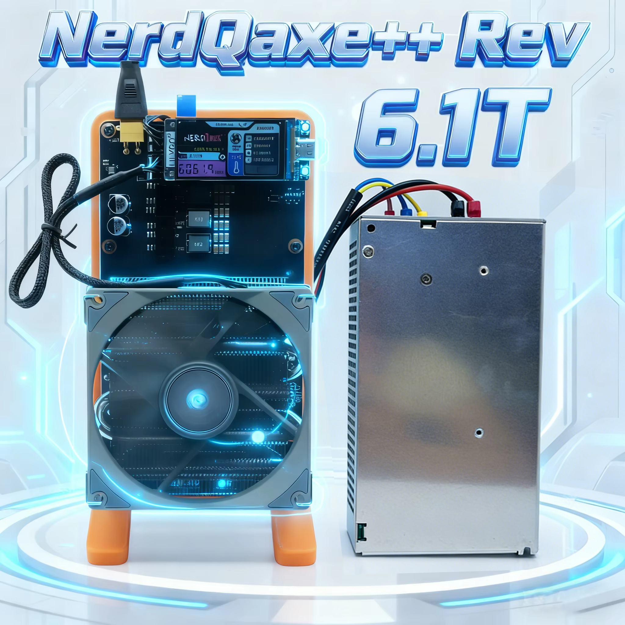 Bitcion Miner NerdQaxe Rev 6.1TH/s 120W BTC マイニングマシン BM1370 チップ Sha-256 アルゴリズムと電源