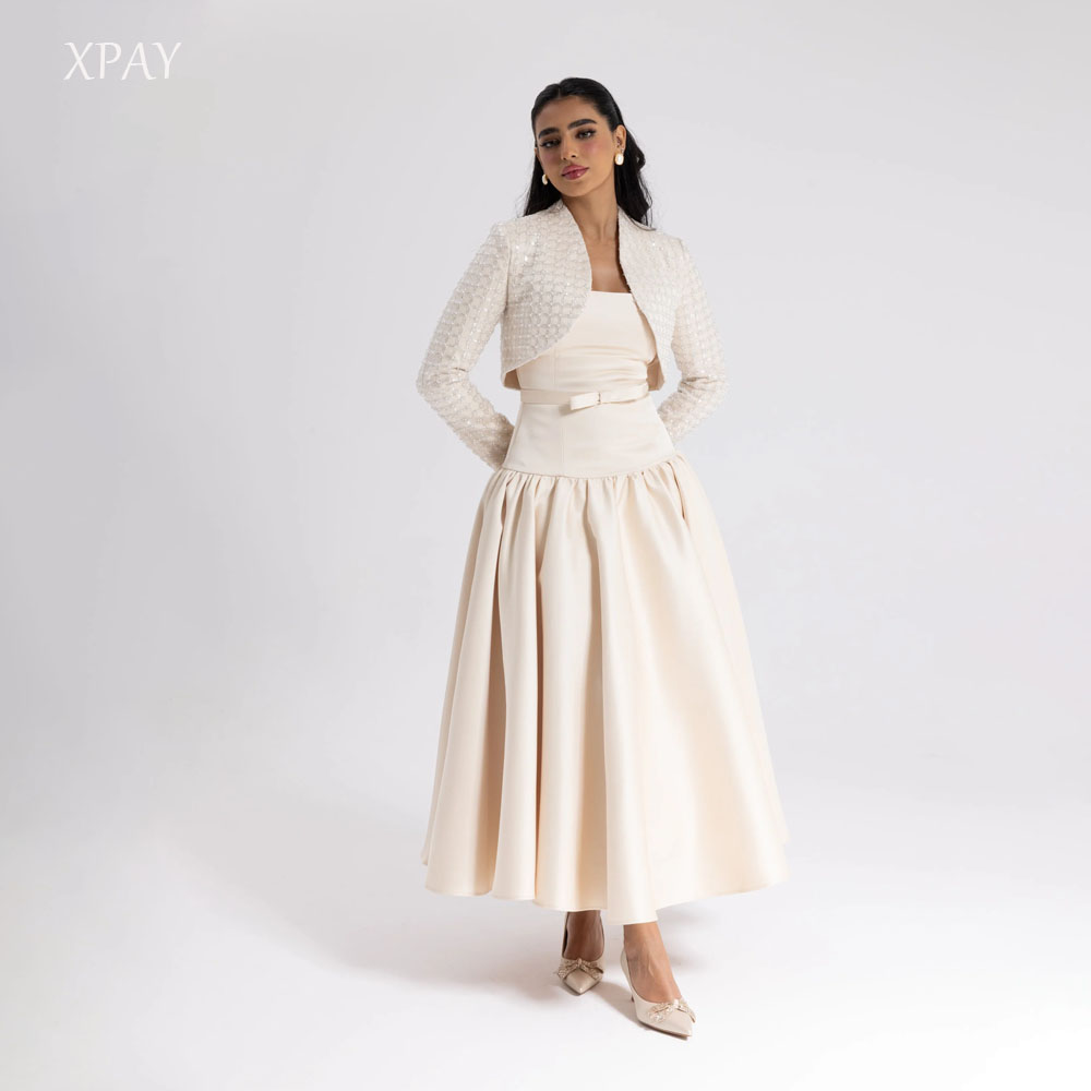 XPAY カスタマイズされた絶妙な 2 ピースフォーマルイブニングドレスアラビア女性長袖ジャケットストラップレス茶丈パーティードレス