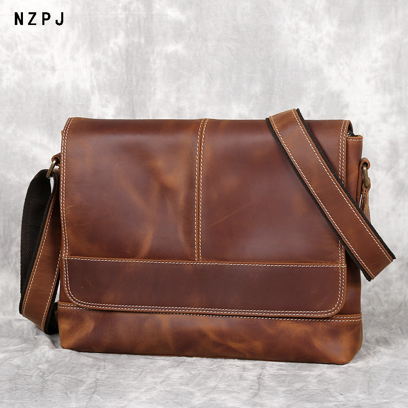 NZPJ 新レザーメンズショルダーバッグレトロトップレイヤー牛革 A4 ファイルメンズバッグブラウン手作りクレイジーホースレザーメッセンジャーバッグ