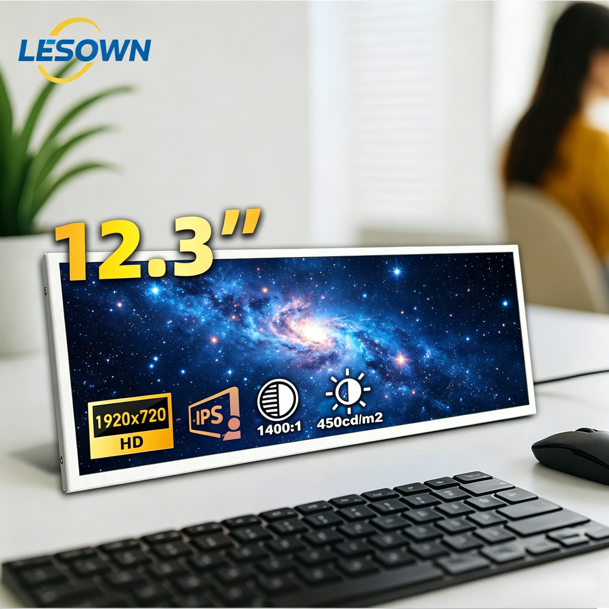 LESOWN 12.3 インチマットホワイトタッチバータイプディスプレイ 1920x720 MiniHDTV スクリーンカスタムデスクトップリグモニタリング用