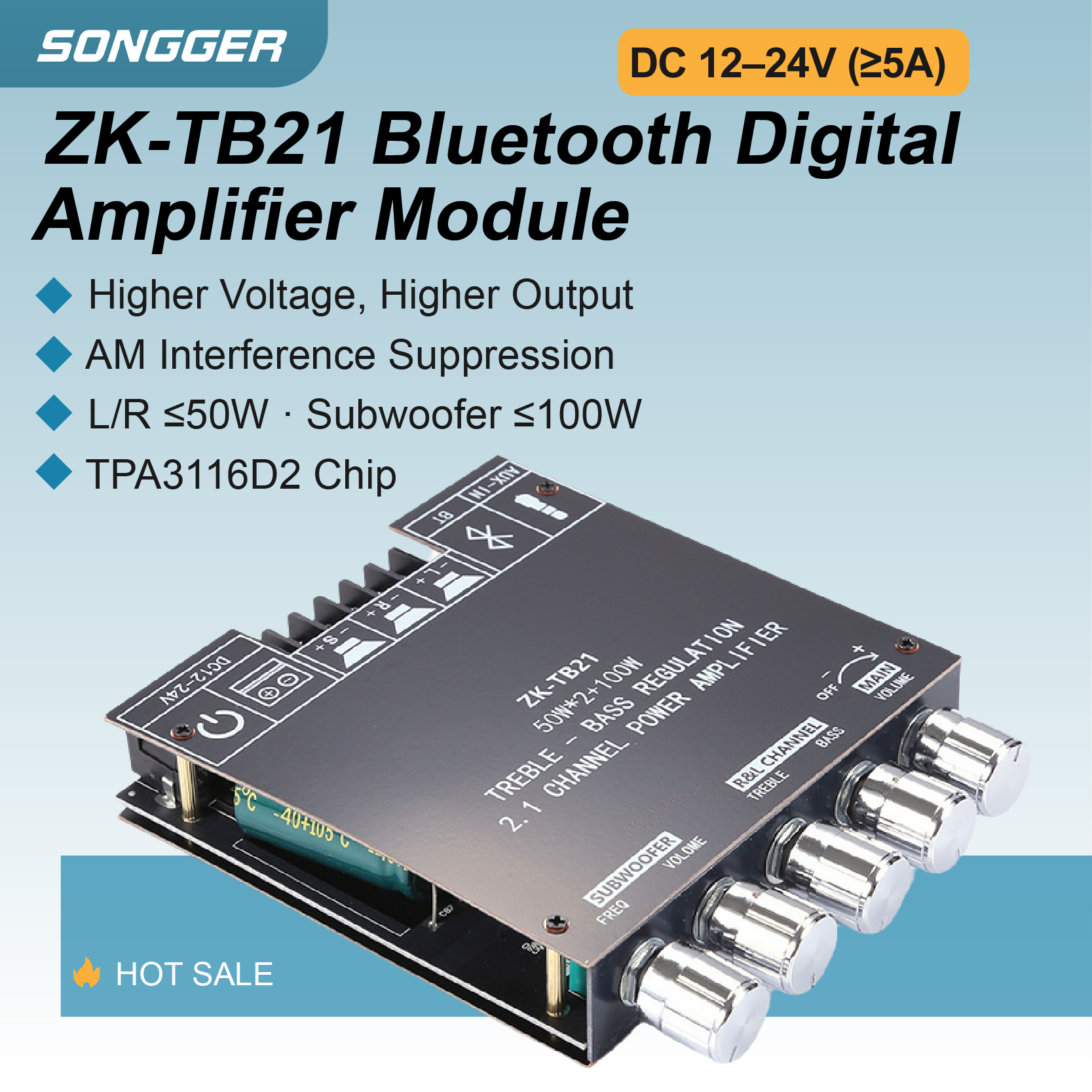 ZK-TB21 Bluetooth デジタルアンプモジュール DC12-24V 低音高音制御サブウーファーオリジナル TPA3116D2 チップホームオーディオシステム