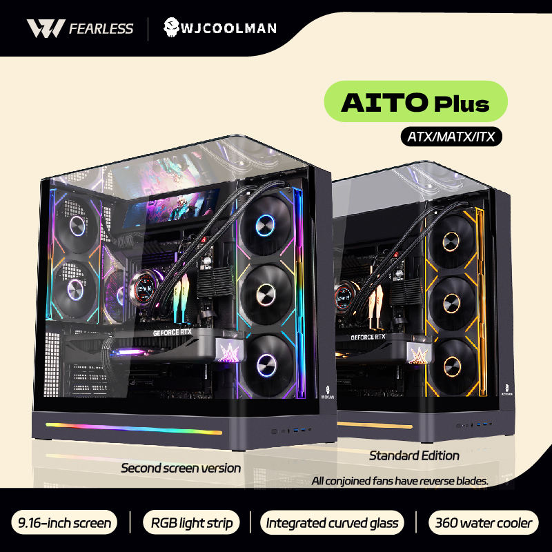 WJCOOLMAN AITO Plus ATX PC ケース 9.16 インチ ソフトウェア スクリーン RGB ライト ストリップ 360 ウォーター クーラー曲面ガラス コンピュータ ケース