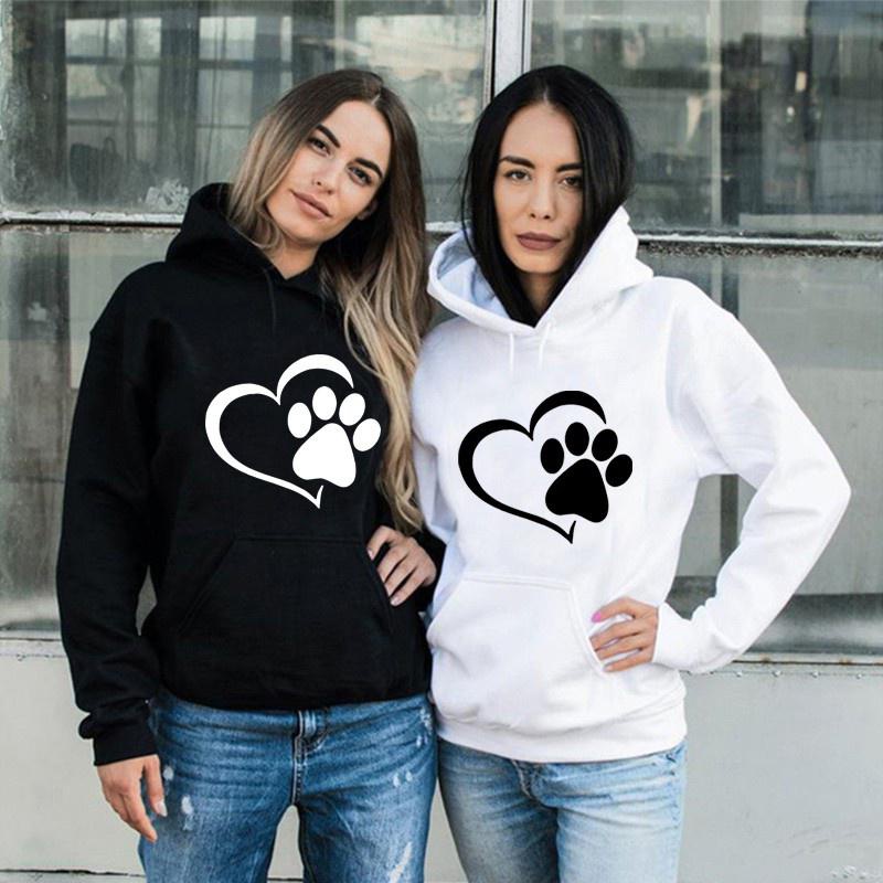 かわいい犬の足とハート形のプリントパーカー女性カジュアル長袖パーカー秋冬プルオーバープラスサイズ