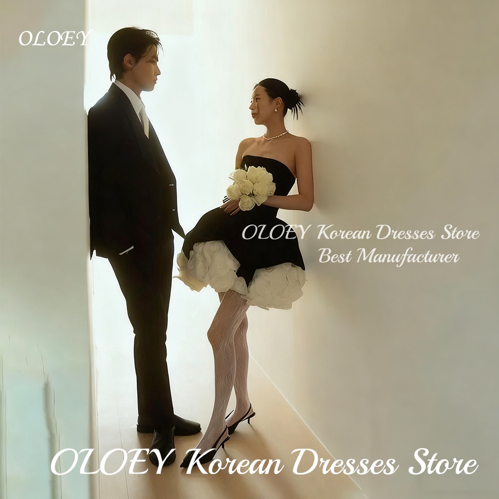 OLOEY 高級ブラック 3D 花韓国ミニウェディングドレスストラップレスのブライダルガウンショートガウンカスタマイズ Vestidos Novias Boda 女性