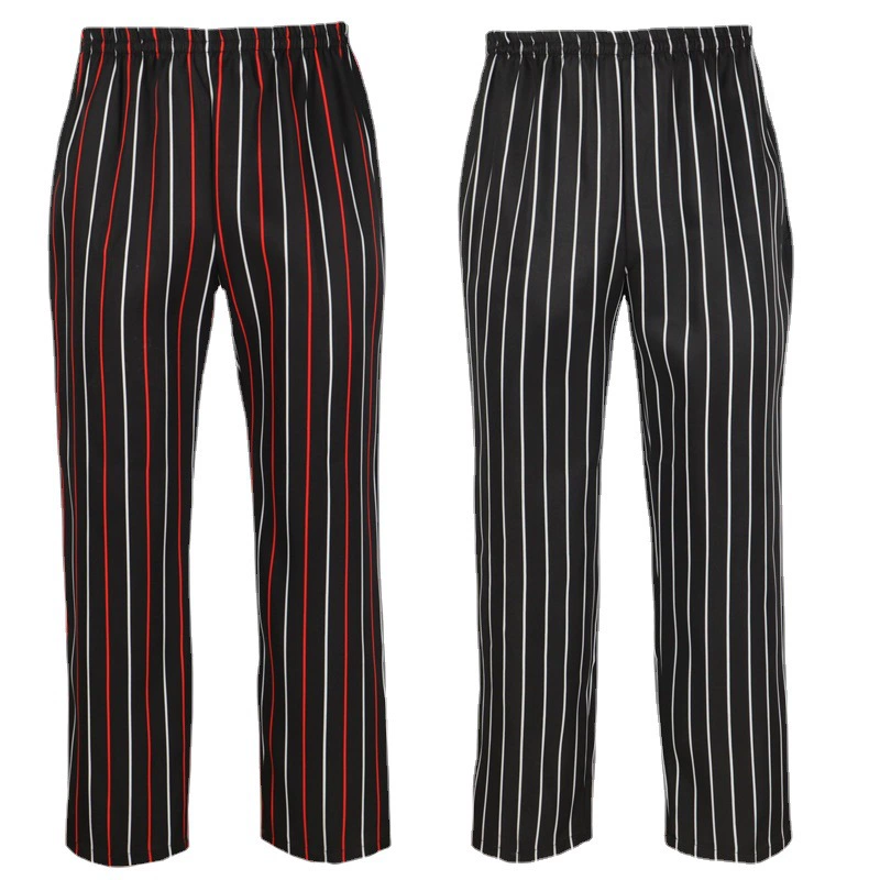Unisex Stripe Chef Pants Cook Restaurant Uniform Loose Elastic Waist Waiter Waitress Stripe Trouse Pockets Food Service Bottom