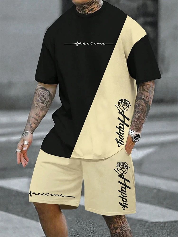 2025 ホット販売スプライスパターンメンズ Tシャツラウンドネック半袖巾着ショーツ屋外通気性速乾性ショートパンツ
