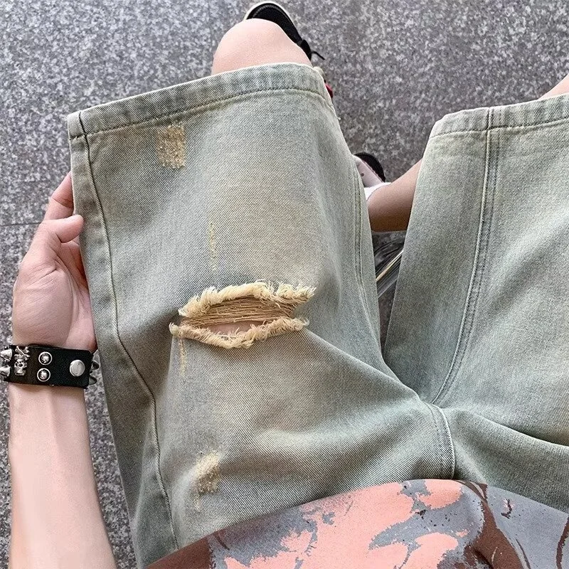 夏ユーズド加工破れた Jorts メンズ巾着レトロファッションデニムショーツ Hombre Y2K ストリートだぶだぶのショートジーンズブルーバミューダ