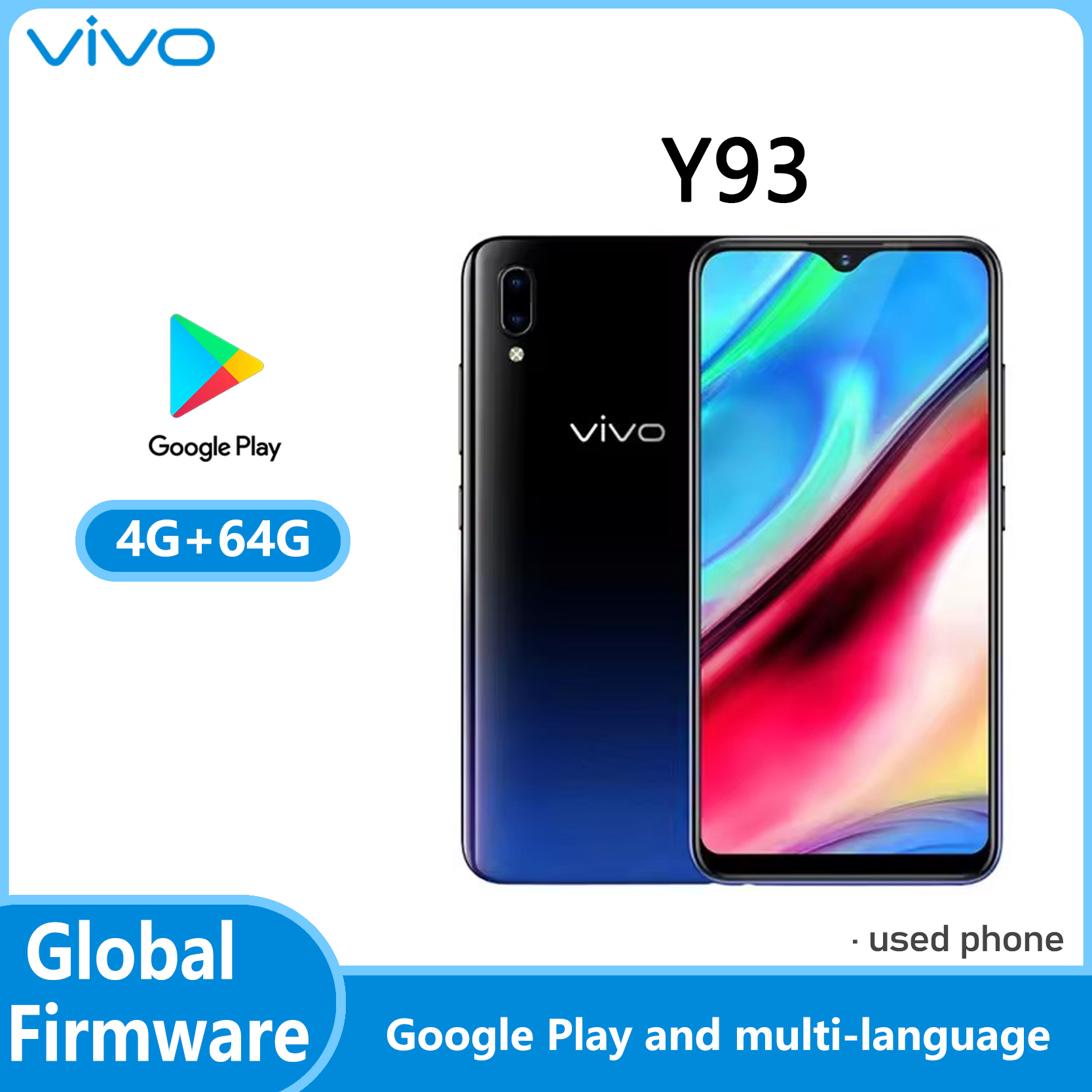 グローバルファームウェア VIVO Y93 スマートフォン 4 ギガバイト 64 ギガバイトオクタコア Android 8.1 6.2 ''カメラ 13MP 2.0MP 顔 ID y 中古電話