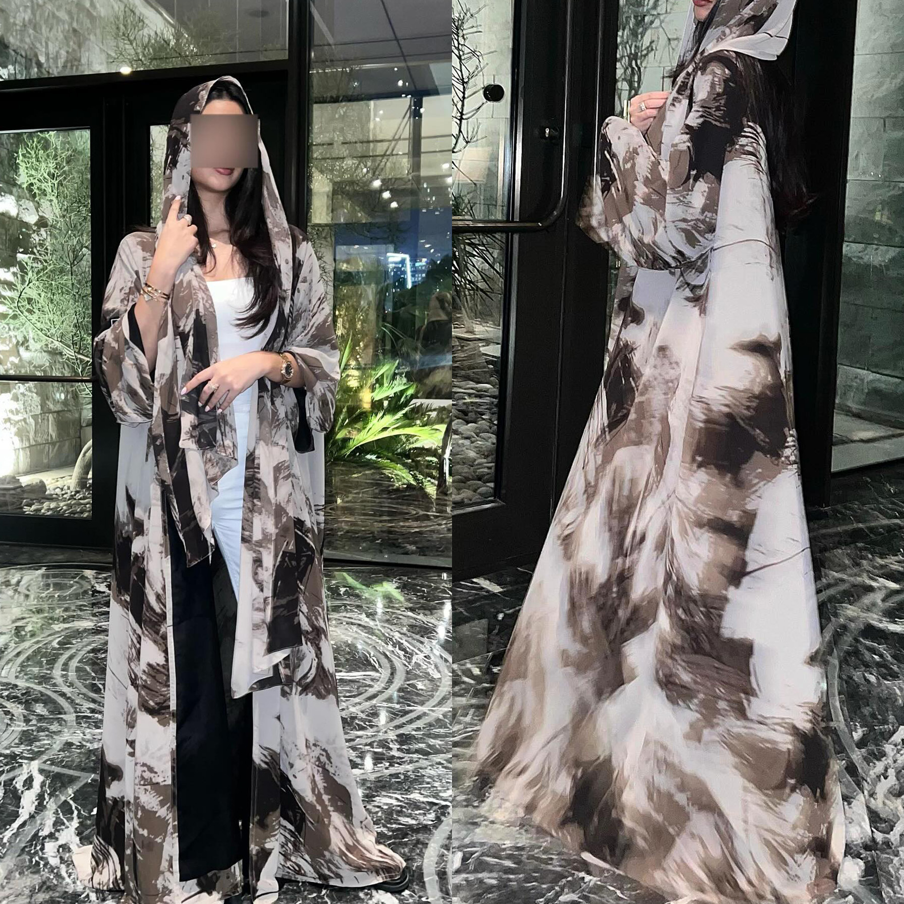 アバヤオープンドレス女性イードヒジャーブ Jalabiya インクウォッシュプリントカーディガンローブラマダンモロッコドバイアバヤカフタンイスラム教徒 Vestidos