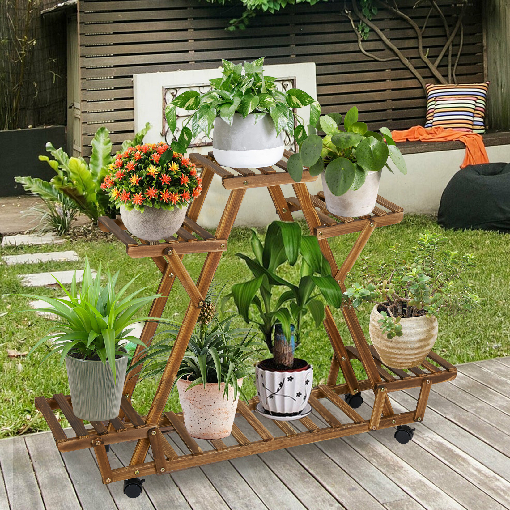 可動木製植木鉢スタンド車輪付き三角形植物ディスプレイラック