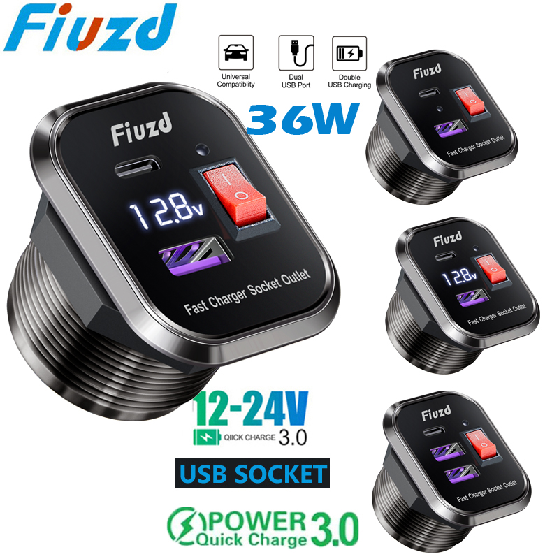 USB C カーチャージャーソケット 12V/24V デュアル USB ソケット PD3.0 および QC3.0 車 USB ポート LED 電圧計とオン/オフスイッチ付き