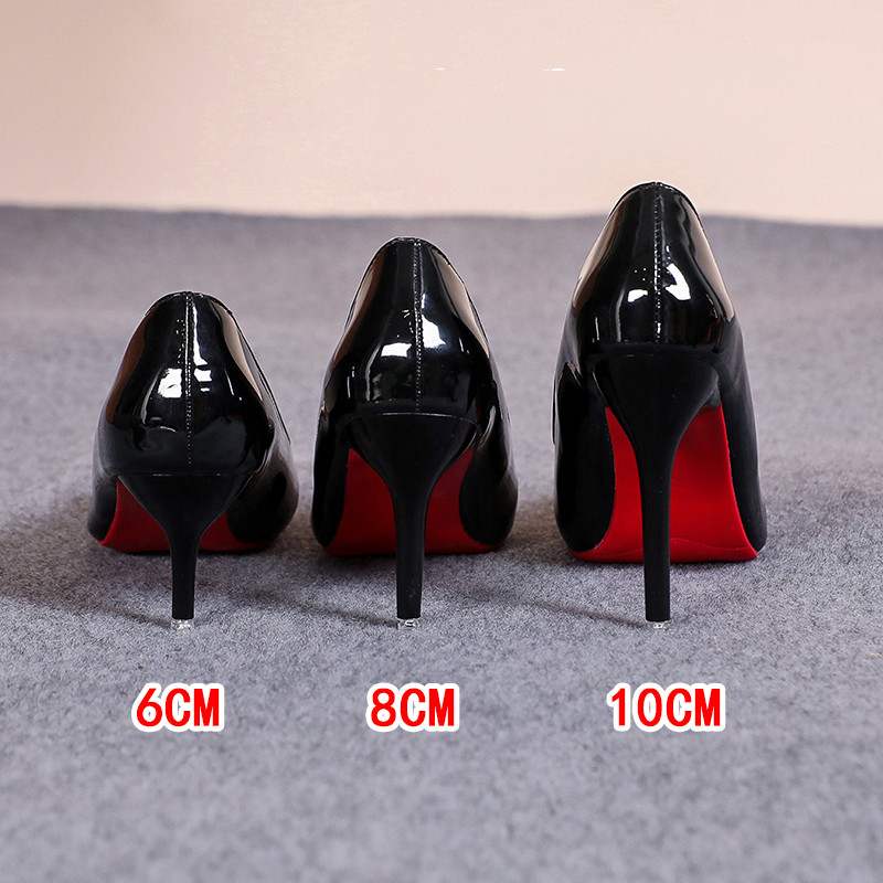 セクシーなポインテッドトゥパテントレザーハイヒール気質ガールレッドソールパーティードレススティレットパンプスクラシックブラックワークシングルシューズ