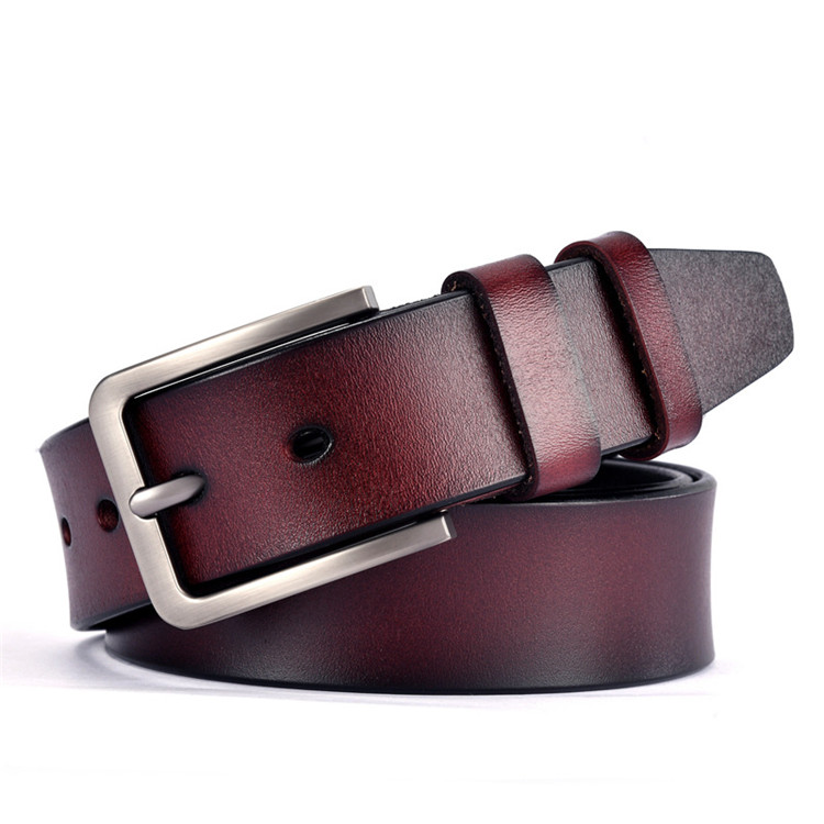 Genuine Leather Formal Belt Solid Color Cow Hide Silver Pin Buckle Rectangular Durable Men's Dress Belt