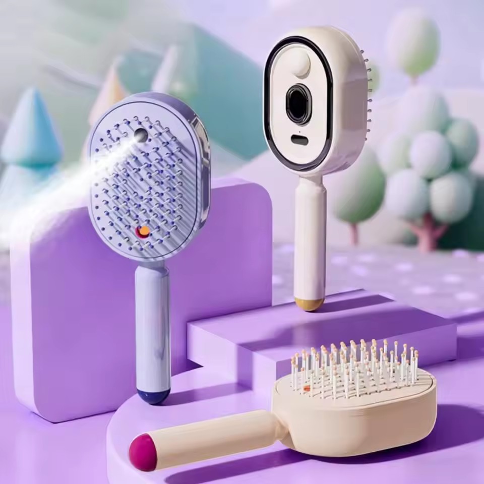 電気スプレーヘアブラシ 2-in-1 ミストヘアブラシ水スプレー付き縮れを軽減帯電防止格納式スチームマッサージコーム