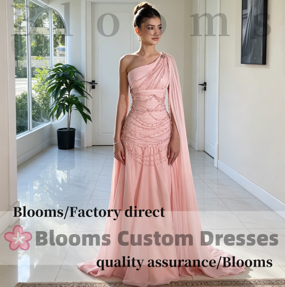 Customized Pink One-Shoulder Chiffon Pleat Prom Dresses Shiny Beaded Long Cape Luxury Evening Dress 2026 Formal Party Gown