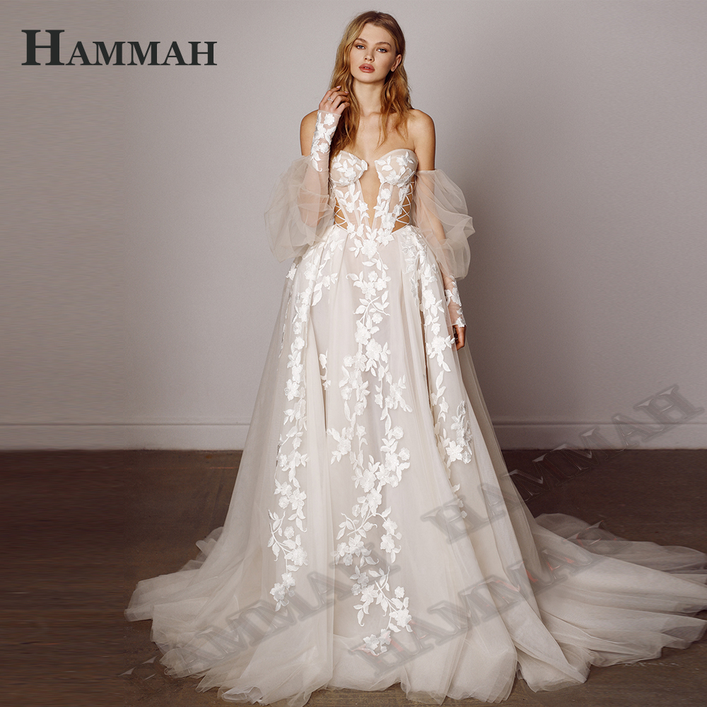 HAMMAH 恋人 A ラインのウェディングドレス アップリケ ノースリーブ ウェディング パーティー ドレス ショート トレイン レースアップ カスタマイズ