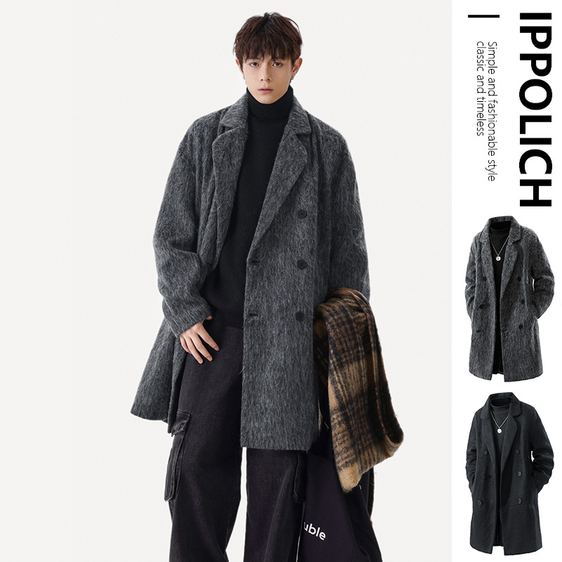 秋冬フリースコートミッドレングスグレー特大肥厚暖かい模造カシミヤブレンドコート男性ダブルブレストトレンドコート
