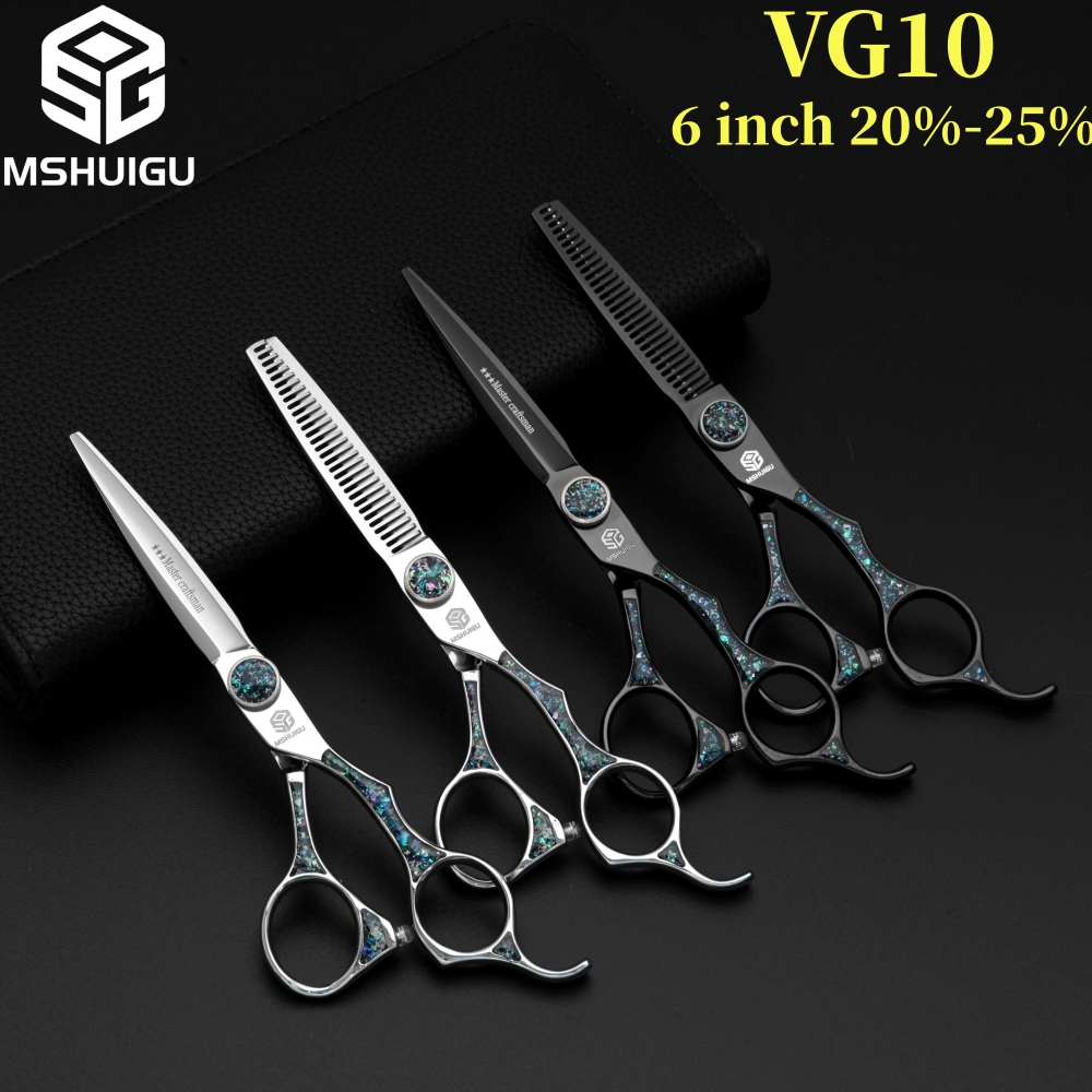 MSHUIGU VG10 プロフェッショナル理髪はさみセット 4-5-5.5-6-7 インチ複数ゲージ薄型はさみ家族のヘアカットやサロン用