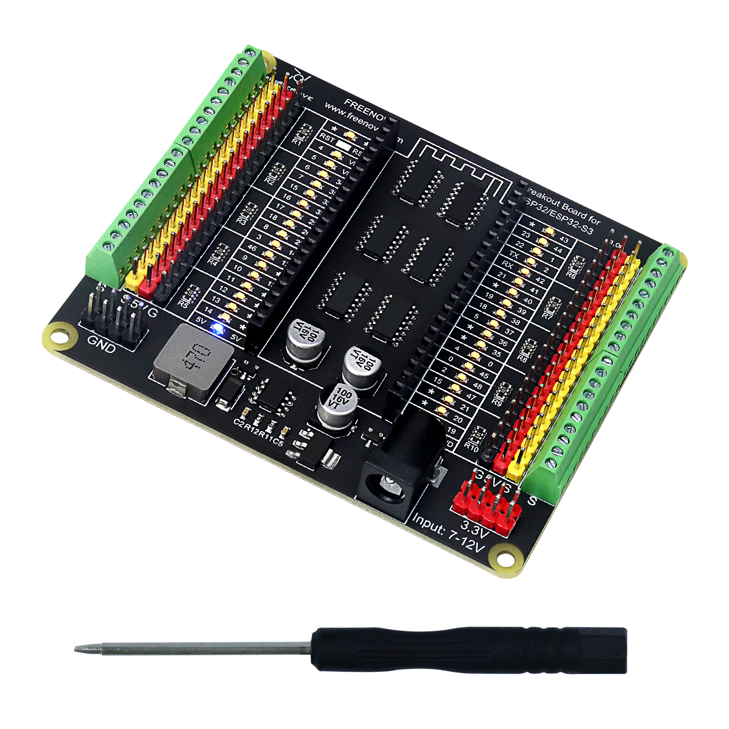 ESP32 / ESP32-S3 WROVER WROOM 用 Freenove ブレークアウト ボード、端子ブロック シールド HAT、5V 3.3V 電源出力、GPIO ステータス LED